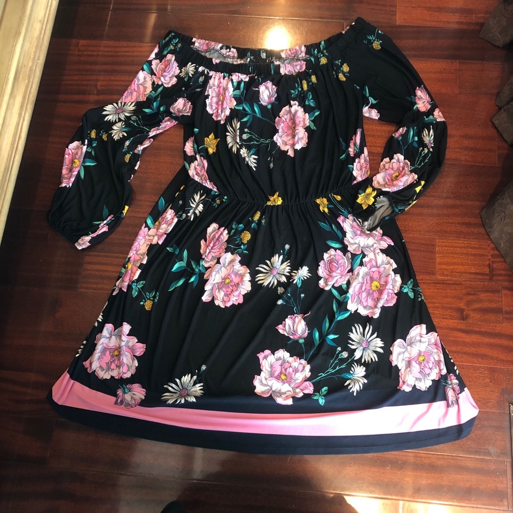 Lane Bryant Black Floral Off-Shoulder Dress with Pink and Green Accents